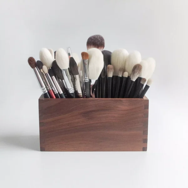 Natural Walnut Wood Makeup Brushes Storage Holder Cube Cosmetic Tools Organizer