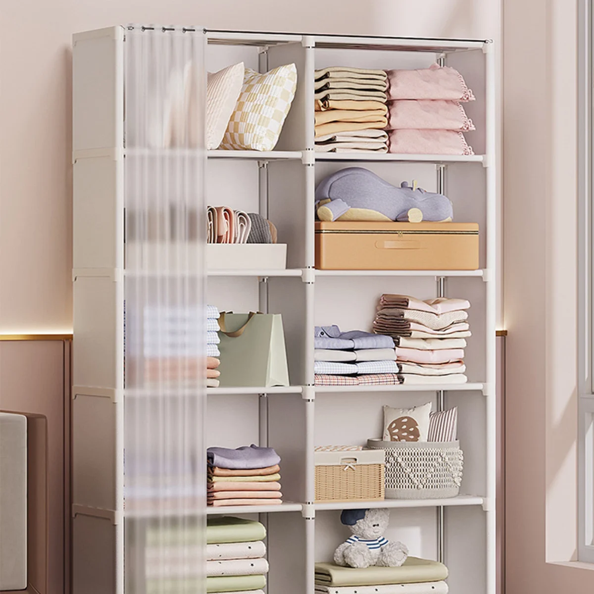 Clothes Closet Wardrobe Portable Rack Storage Organizer Movable w/ Shelves - Image 2